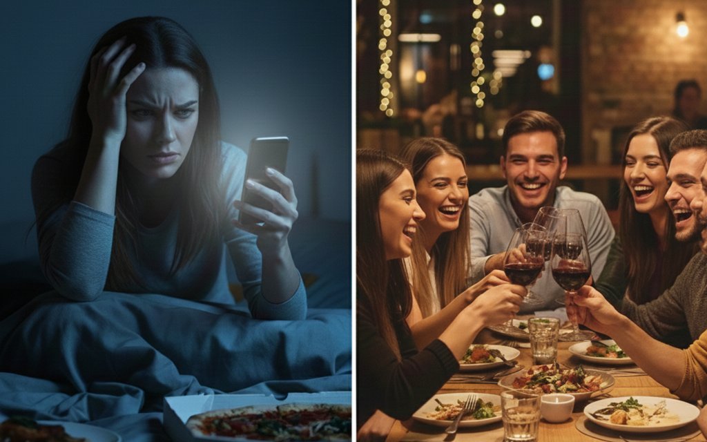 A la izquierda una persona sola con el móvil, a la derecha un grupo cenando en un restaurante